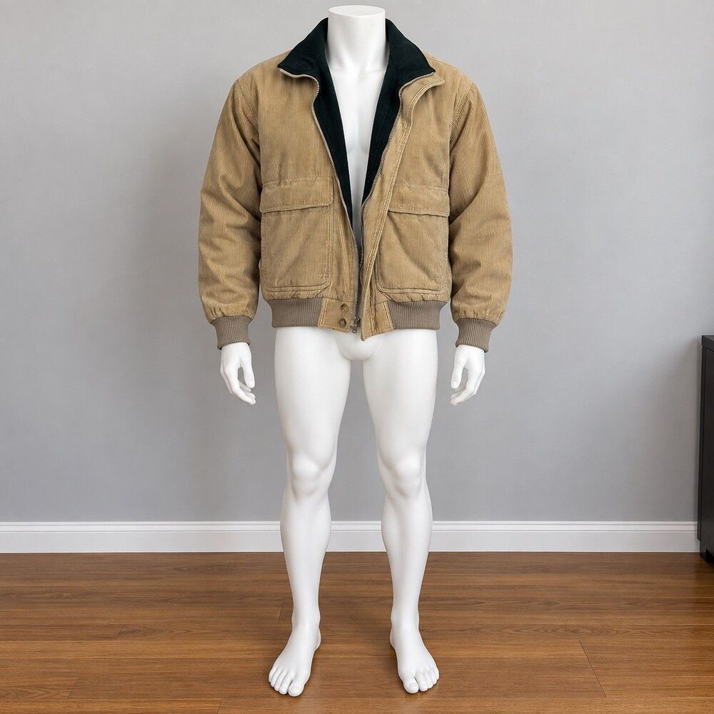 Vintage Reversible Corduroy Fleece Bomber Jacket Tan Black Men’s L Distressed